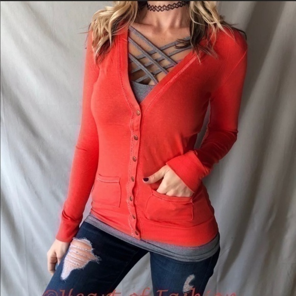 Low V-Neck Snap Button Fitted Cardigan